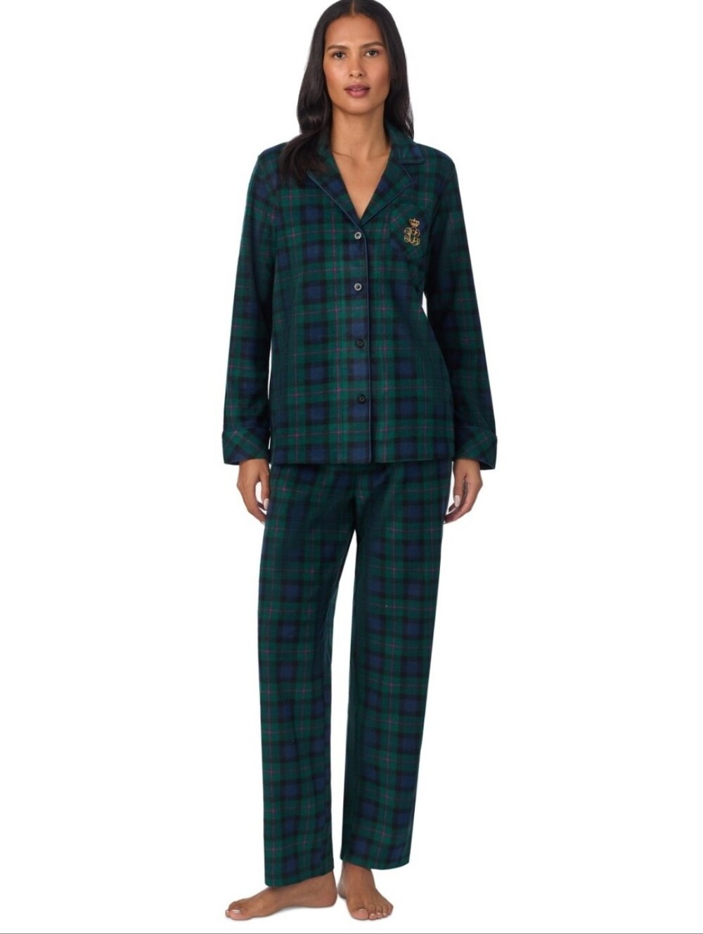 Lauren Ralph Lauren Women's Printed Notched-Collar Pajama Set - Green Plaid